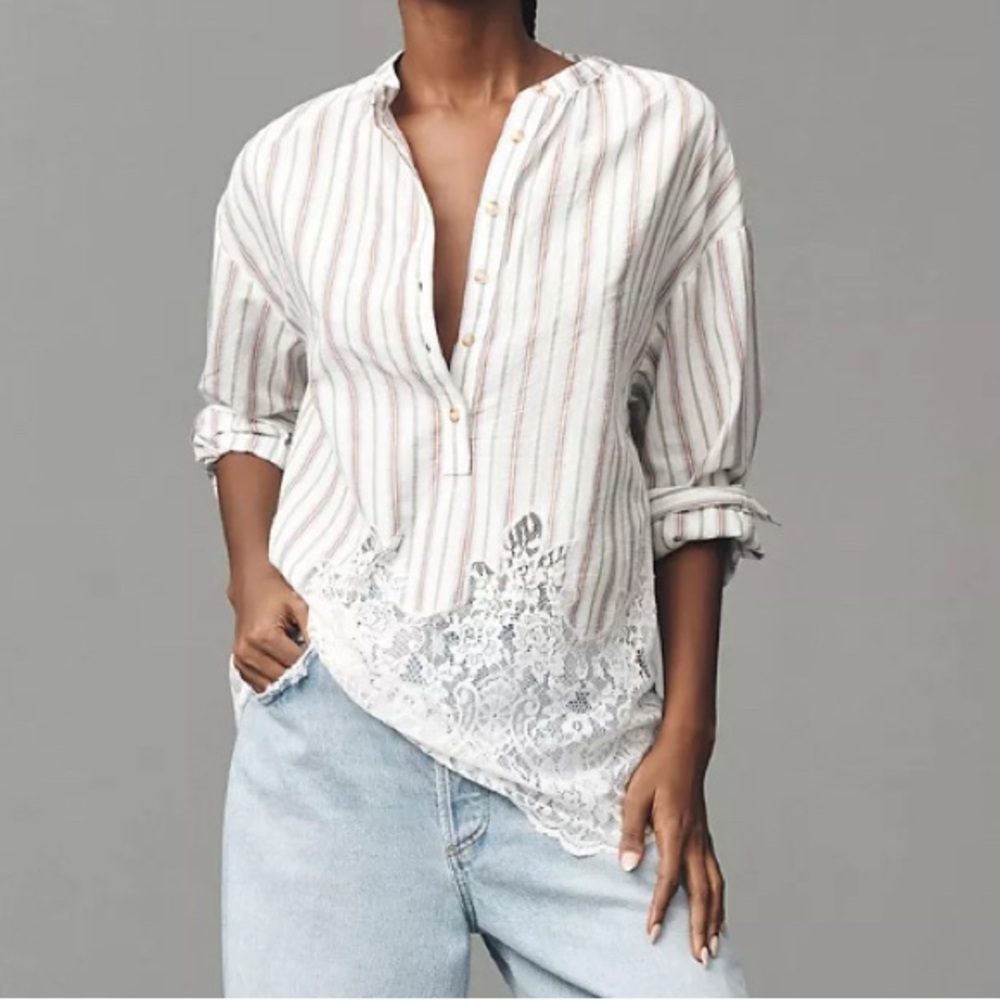 Pilcro‎ by Anthropologie Striped Lace Hem Blouse Women’s S Peasant Prairie Boho